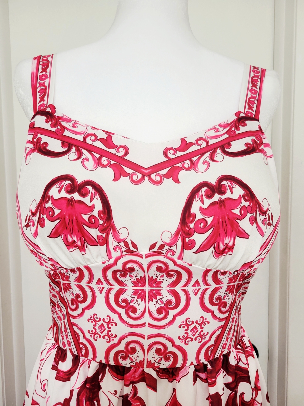 White & Pink Printed Sleeveless Dress with Decorative Scrolls